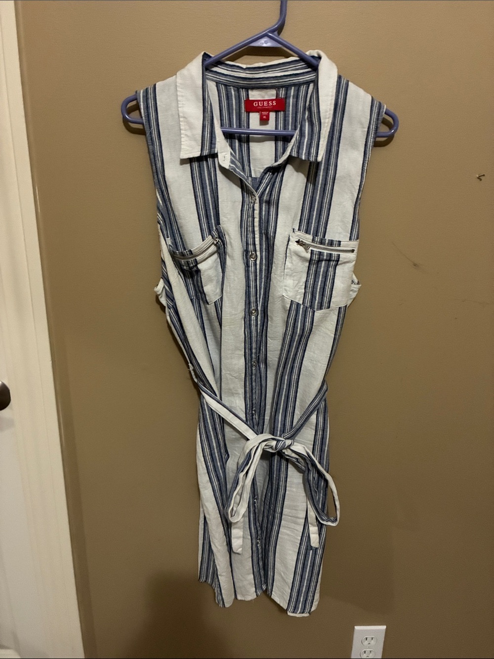 Guess White & Navy Vertical Stripe Sleeveless Shirt Dress